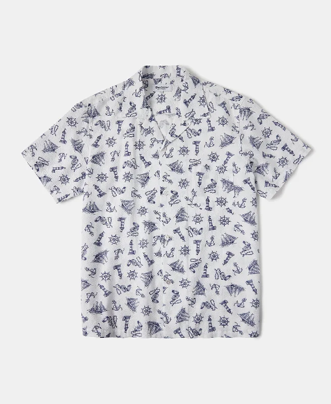 Men Short Sleeve Shirts with Moisture - Wicking Fabric for Active LifestylesNautical Printed Seersucker Short Sleeve Camp Shirt - White