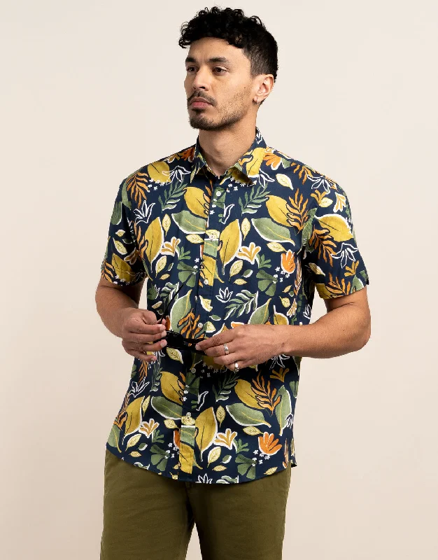 Men Short Sleeve Shirts with Roll - Up Sleeves for an Adjustable and Relaxed LookWaihi Navy Large Painted Leaf Print Short Sleeve Shirt