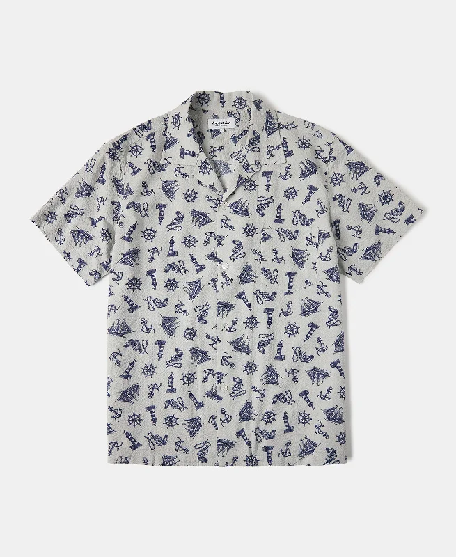 Men Short Sleeve Shirts with Floral Prints for a Summer - Inspired VibeNautical Printed Seersucker Short Sleeve Camp Shirt - Light Gray