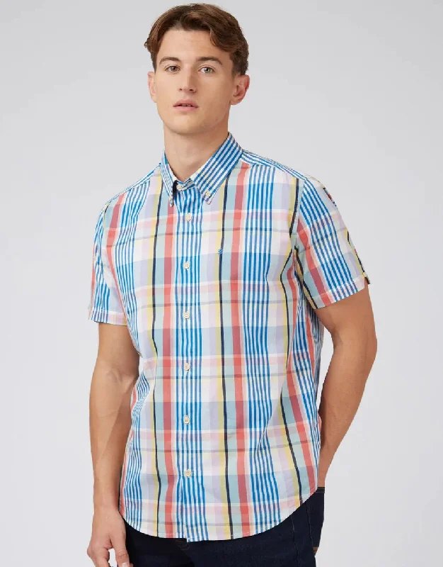 Men Short Sleeve Shirts with Button - Down Collars for a Versatile and Polished LookBen Sherman Multi Colour Check Lilac Short Sleeve Shirt