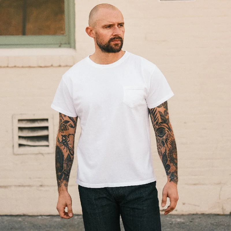 Men Short Sleeve Shirts with Distressed Finishes for a Vintage and Casual AestheticSnake Oil Provisions SOP Pocket Tee White