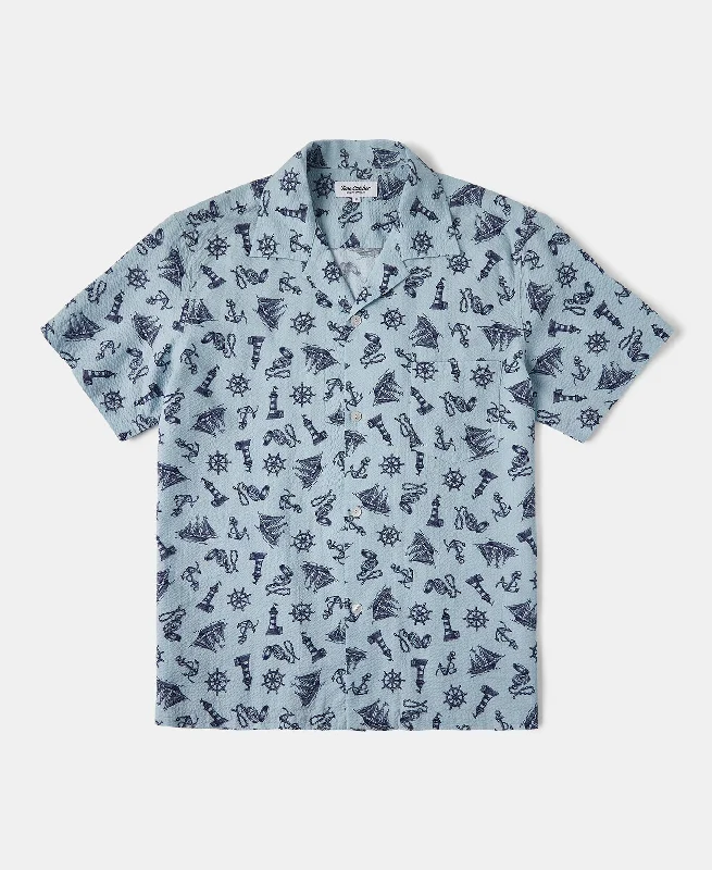 Men Short Sleeve Shirts with Roll - Up Sleeves for an Adjustable and Relaxed LookNautical Printed Seersucker Short Sleeve Camp Shirt - Light Blue