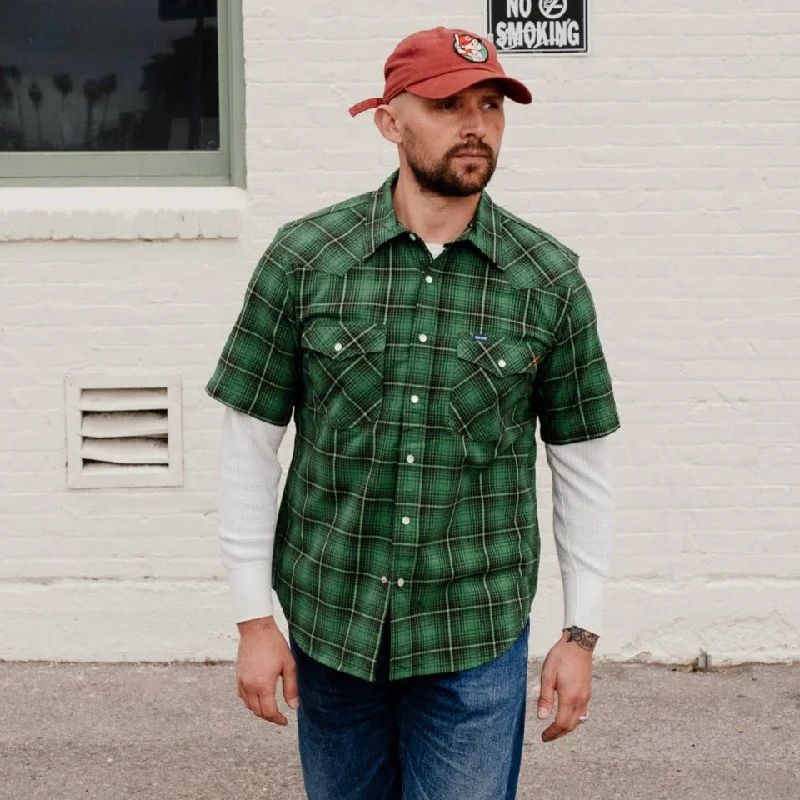 Men Short Sleeve Shirts with Elastic - Cuffed Sleeves for a Snug and Stylish FitIron Heart IHSH-386-GRN 5oz Selvedge Short Sleeved Western Shirt Green FINAL SALE