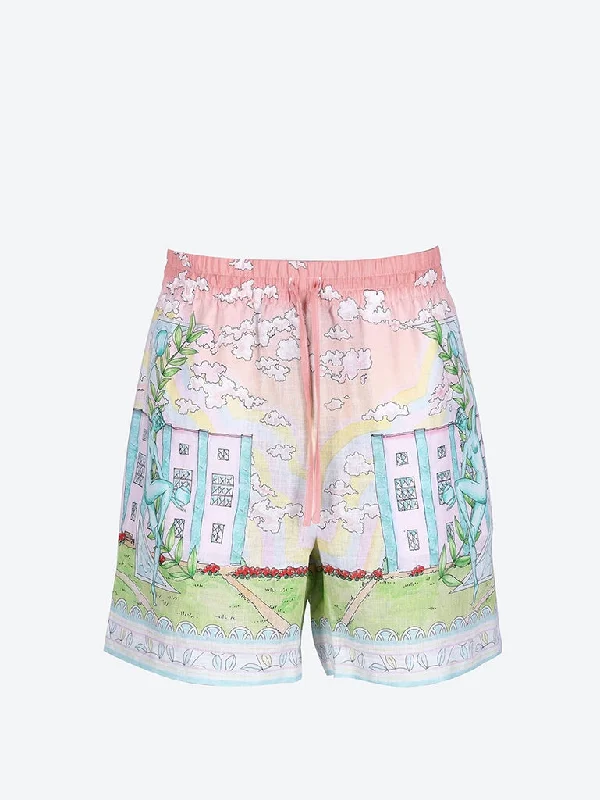 Men's wide - leg linen blend shorts for a relaxed beachside vibeLinen drawstrings shorts