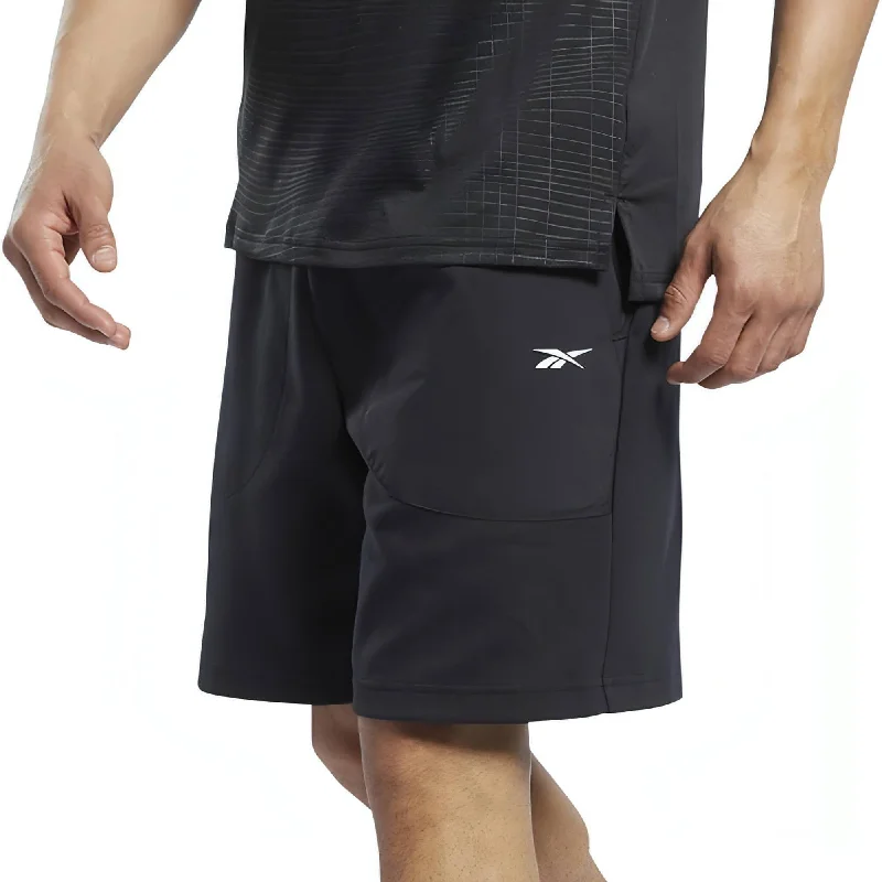 Men's Shorts with Inner Briefs in Black and White Stripe for Comfort in Football PracticeReebok Knit Woven Mens Training Shorts - Black