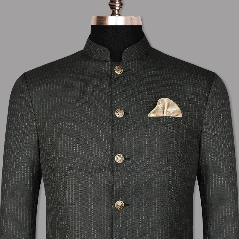 Men Suits in Charcoal Gray for a Timeless and Professional AppearanceArmadillo Gray Striped Bandhgala/Mandarin Blazer