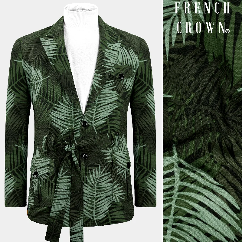 Men Blazers with Contrast Linings for a Hidden Fashion StatementAsparagus Green with Sage Green Leaves Printed Premium Cotton Designer Blazer