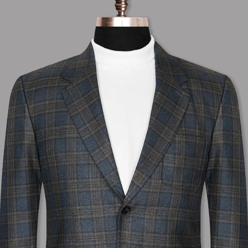 Men Blazers with Shawl Lapels for a Formal and Sophisticated LookBayoux Blue with brown Windowpane Wool Rich Blazer