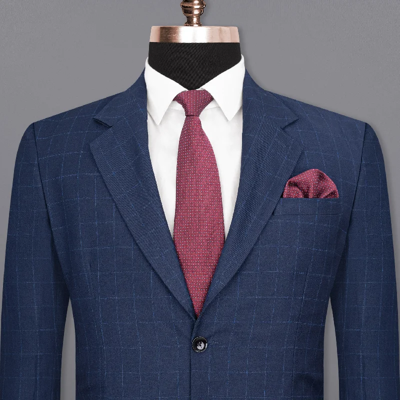 Two - Piece Men Suits with Matching Trousers and JacketsBig Stone Blue Super fine Subtle Checkered Wool Rich Blazer