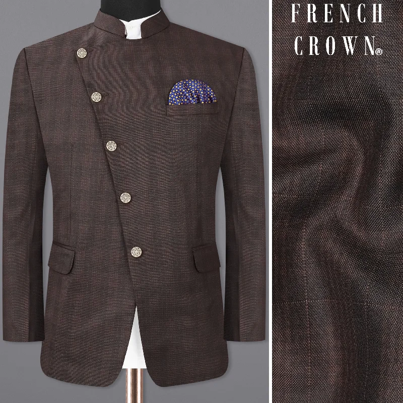 Men Blazers with Padded Shoulders for a Structured SilhouetteBirch Brown Plaid Cross Placket Bandhgala Blazer