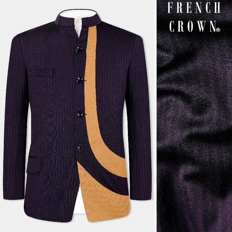 Men Blazers with Padded Shoulders for a Structured SilhouetteBleached Purple Striped and Antique Brown Wool Rich Bandhgala Designer Blazer