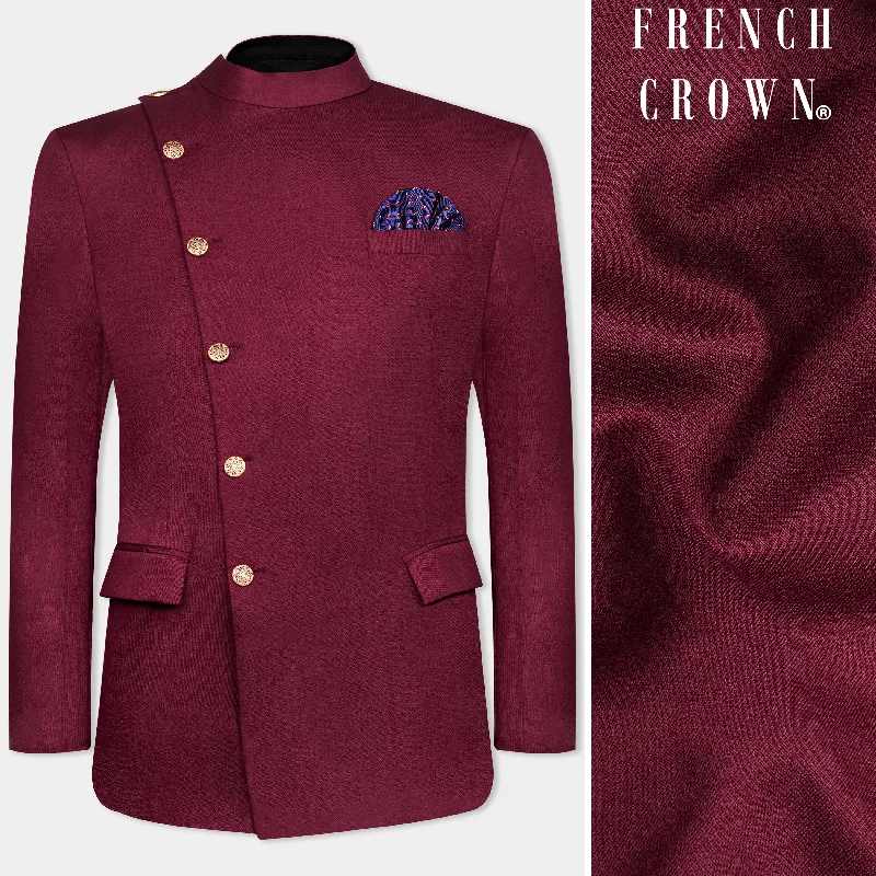 Men Blazers with Buttons Made of Mother - of - Pearl for a Luxurious TouchBordeaux Maroon Cross Placket Wool Rich Bandhgala Blazer