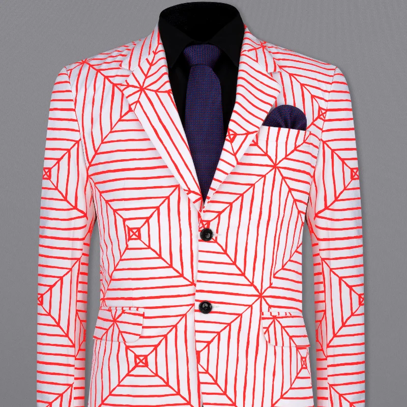 Men Suits with Double - Breasted Jackets for a Formal and Powerful LookBright white With Geometric  printed Blazer