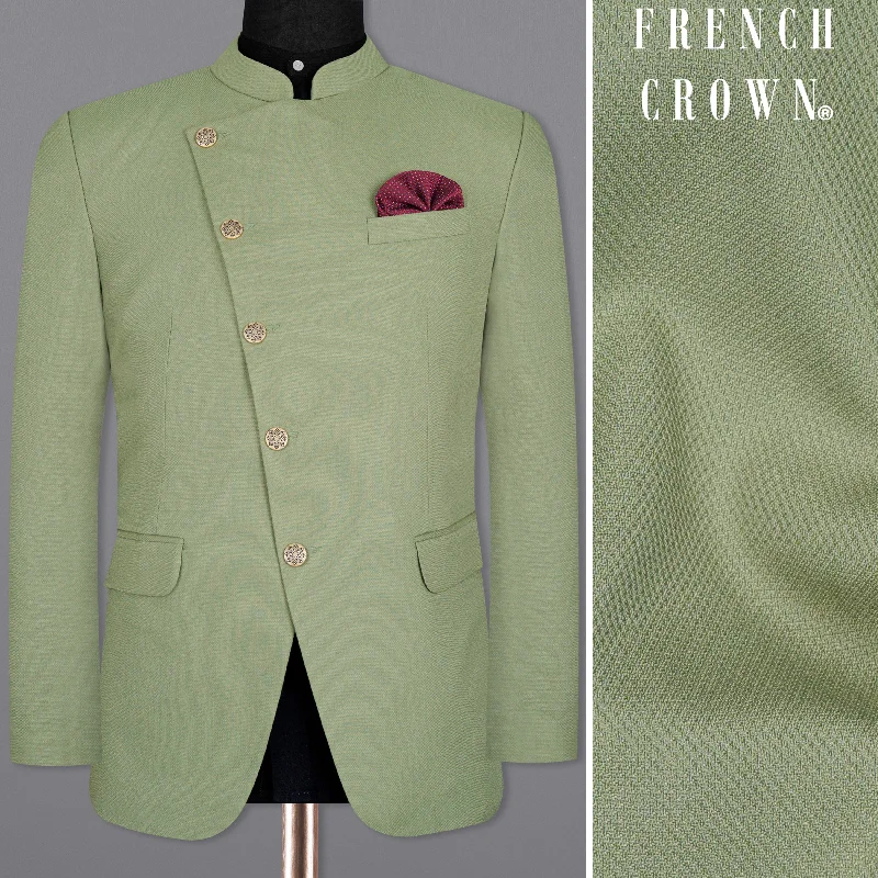 Men Blazers with Shawl Lapels for a Formal and Sophisticated LookCamouflage Green Cross Placket Bandhgala Wool rich Blazer