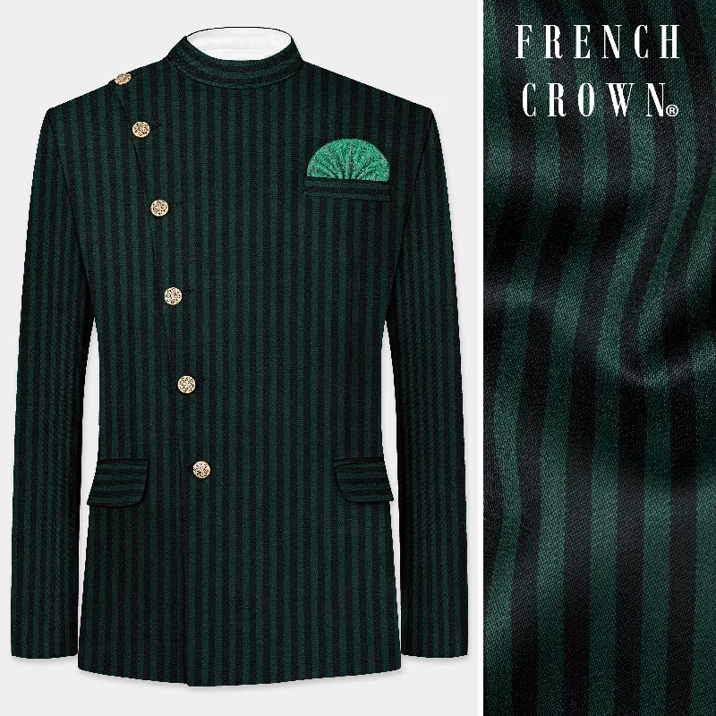 Men Blazers with Metal Buttons for a Distinctive LookCeltic Green with Black Striped Wool Rich Cross Placket Bandhgala Blazer