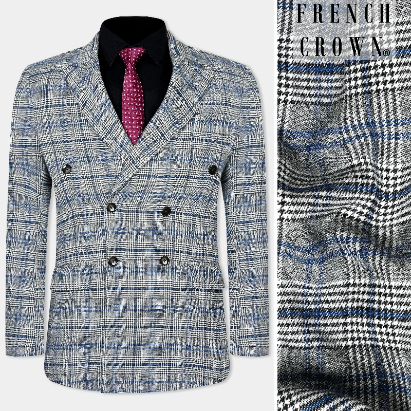 Men Blazers with Shawl Lapels for a Formal and Sophisticated LookChalice Gray and Chathams Blue Plaid Houndstooth Tweed Double-Breasted Blazer