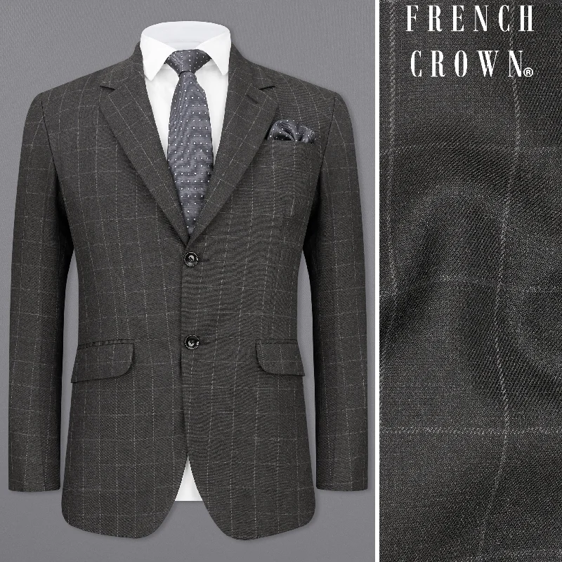 Men Suits with Side - Adjusters on Trousers for a Custom FitCharcoal Gray Windowpane Single Breasted Blazer