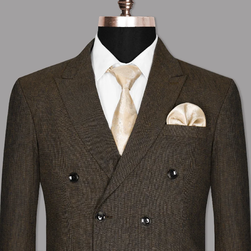 Men Suits with Linen - Blend Fabrics for a Breathable and Stylish OptionChocolate Brown Linen Double Breasted Blazer