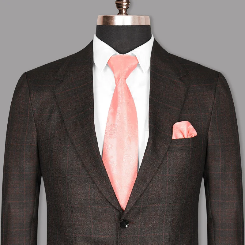 Men Suits with Pleated Trousers for a Traditional AestheticChocolate Brown Windowpane Premium Wool Rich Blazer