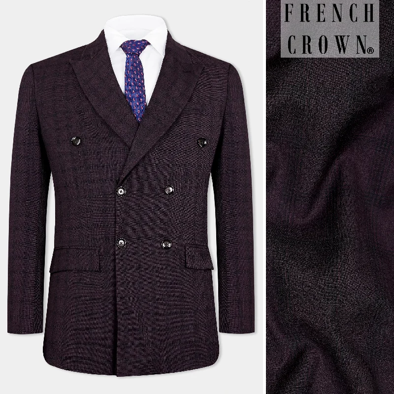 Men Suits with Adjustable Cuffs on Trousers for a Neat FinishCinder Purple Checkered Double Breasted Wool Rich Blazer