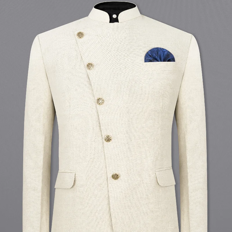 Slim - Fit Men Suits with Notch Lapels for a Modern LookCoral Reef Cream Cross Placket Bandhgala Luxurious Linen Blazer