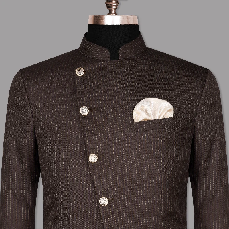 Men Suits with Linen - Blend Fabrics for a Breathable and Stylish OptionCrater Brown Striped Cross Placket Bandhgala/Mandarin Blazer