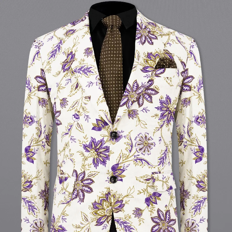 Men Suits with Side - Adjusters on Trousers for a Custom FitDesert Storm Cream with Eminence Blue Leaves Printed Premium Cotton Designer Blazer