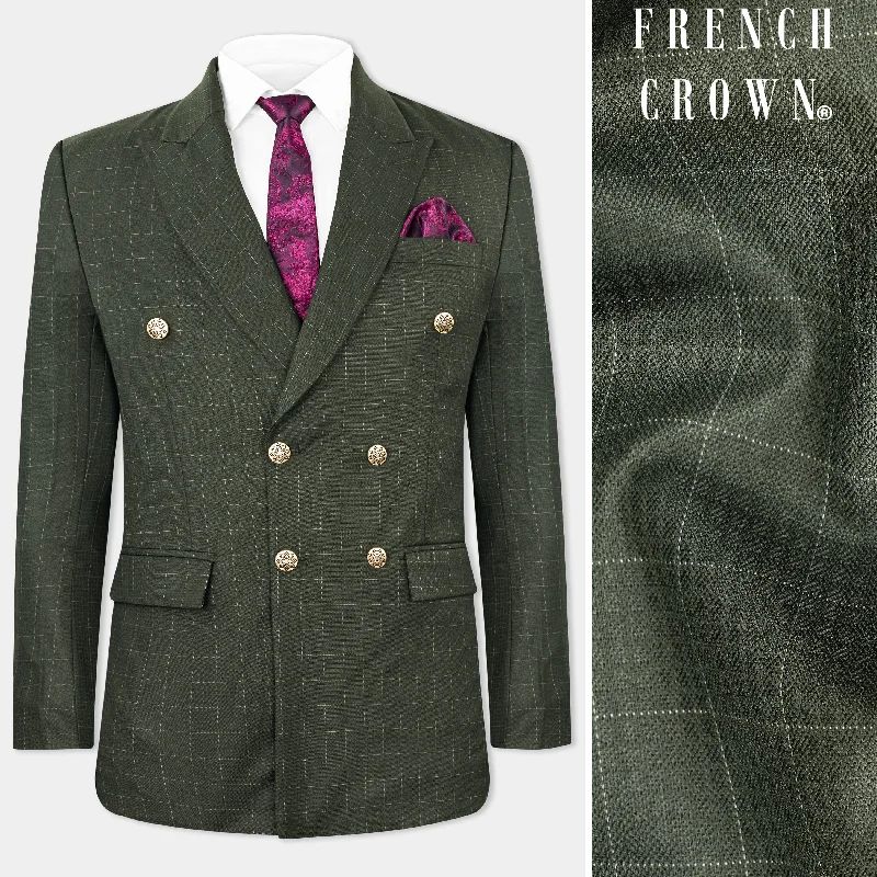 Men Blazers with Roll - Up Sleeves for a Casual Summer LookDune Dark Green Subtle Checkered Double Breasted Blazer