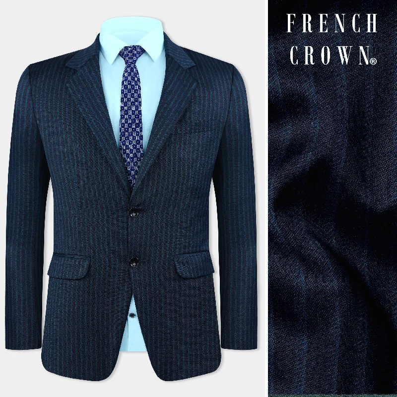 Men Blazers with Embossed Patterns for Added TextureEbony Blue and Marine Blue PinStriped Wool Rich Blazer