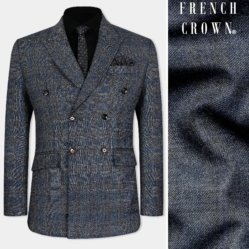 Men Blazers with Ventless Backs for a Clean and Tailored AppearanceEbony Clay Blue and Gravel Gray Plaid Tweed Double Breasted Blazer