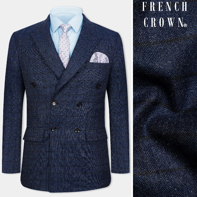 Men Suits with Linen - Blend Fabrics for a Breathable and Stylish OptionEbony Clay Blue Windowpane Tweed Double Breasted Blazer