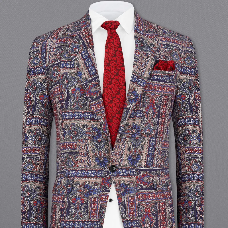 Men Blazers with Shawl Lapels for a Formal and Sophisticated LookEunry Brown with Twilight Blue Indo-Western Printed Premium Cotton Designer Blazer