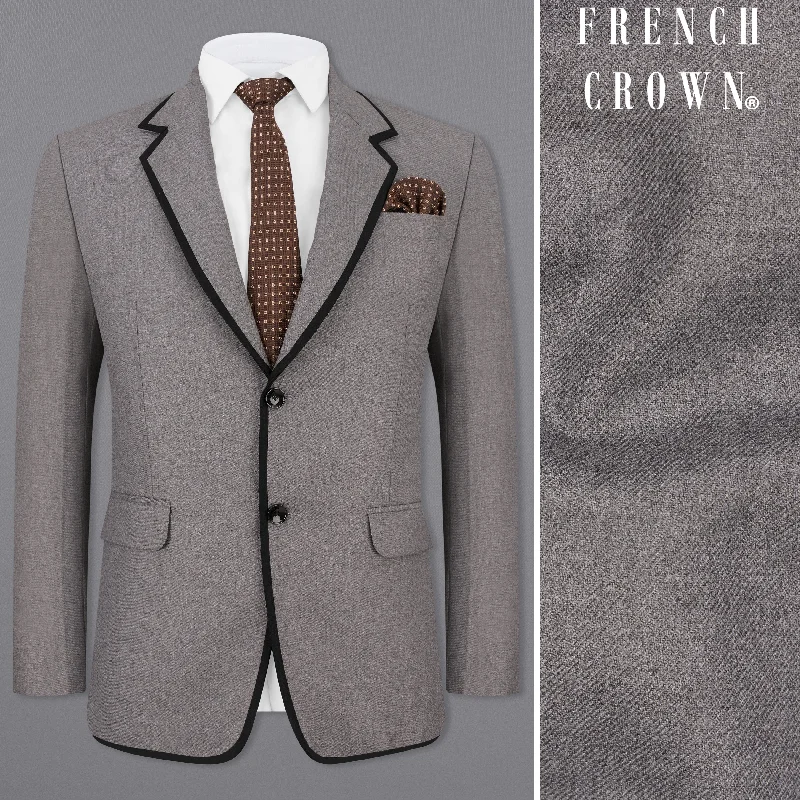 Men Blazers with Buttons Made of Mother - of - Pearl for a Luxurious TouchFeroda Gray with Black Piping Work Wool Rich Designer Blazer