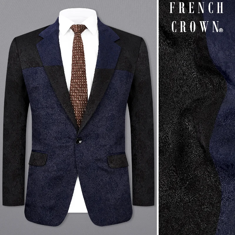 Men Suits with Linen - Blend Fabrics for a Breathable and Stylish OptionFirefly Blue and Black Jacquard Textured Blazer