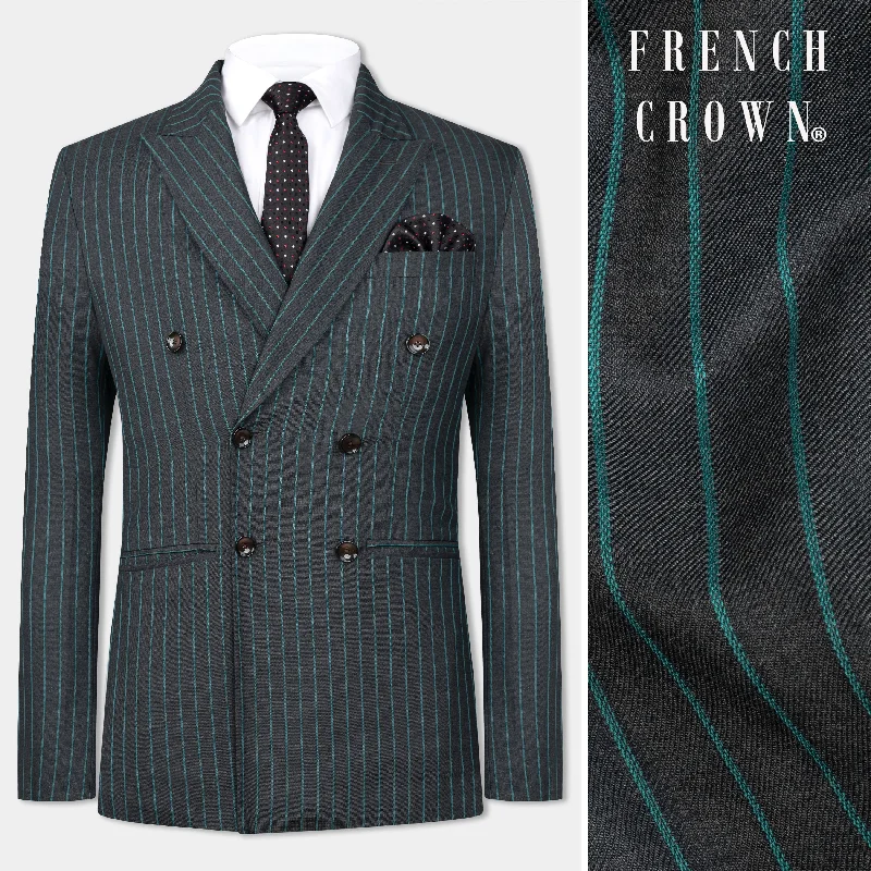 Men Suits with Pleated Trousers for a Traditional AestheticGravel Gray and Lagoon Blue Striped Wool Rich Double Breasted Blazer