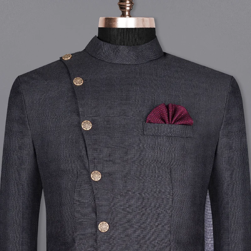 Men Blazers with Metal Buttons for a Distinctive LookGravel Grey Subtle Plaid Cross Placket Bandhgala Wool Rich Blazer