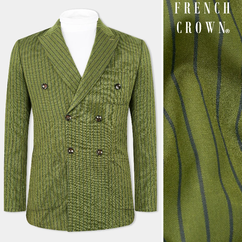 Men Blazers with Roll - Up Sleeves for a Casual Summer LookHemlock Green Striped Double Breasted Sports Blazer