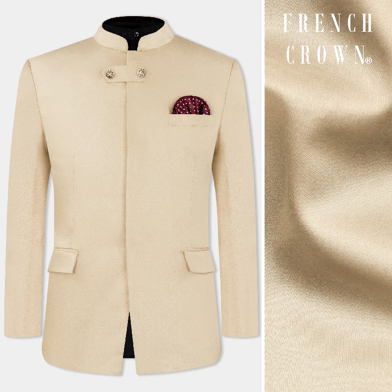 Men Suits with Pleated Trousers for a Traditional AestheticIvory Cream Wool Rich Bandhgala Designer Blazer