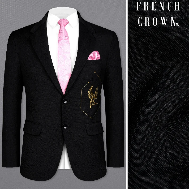 Men Suits with Side - Adjusters on Trousers for a Custom FitJade Black Bird Hand Painted Single Breasted Designer Blazer