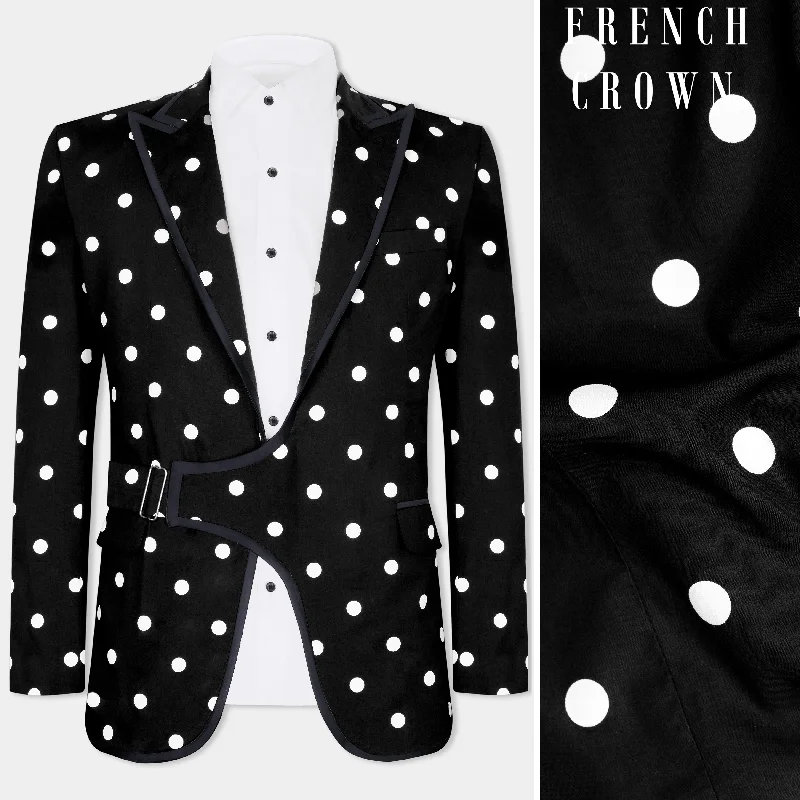 Men Blazers with Buttons Made of Mother - of - Pearl for a Luxurious TouchJade Black with White Polka Dotted Premium Cotton Designer Blazer