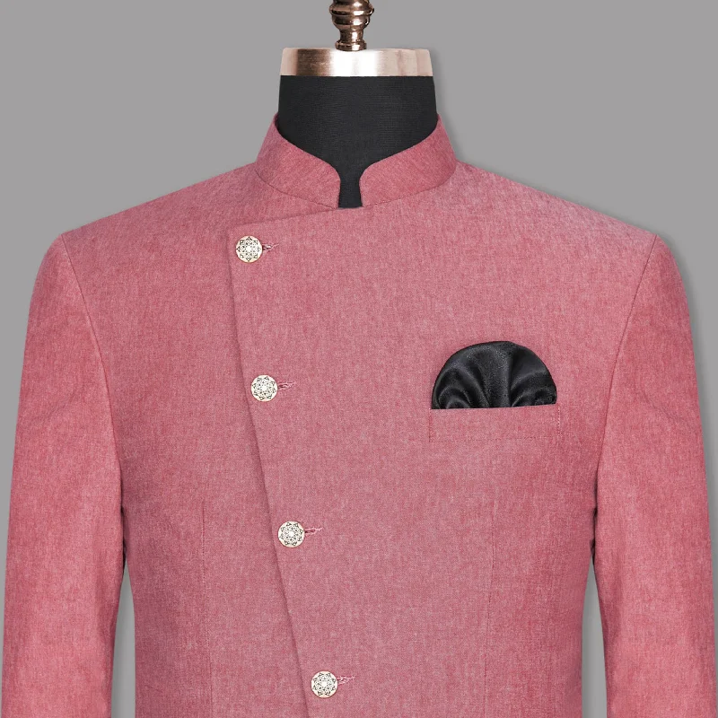 Three - Piece Men Suits with Waistcoats for Added StyleLight Coral Cross Placket Bandhgala/Mandarin Premium Cotton Blazer