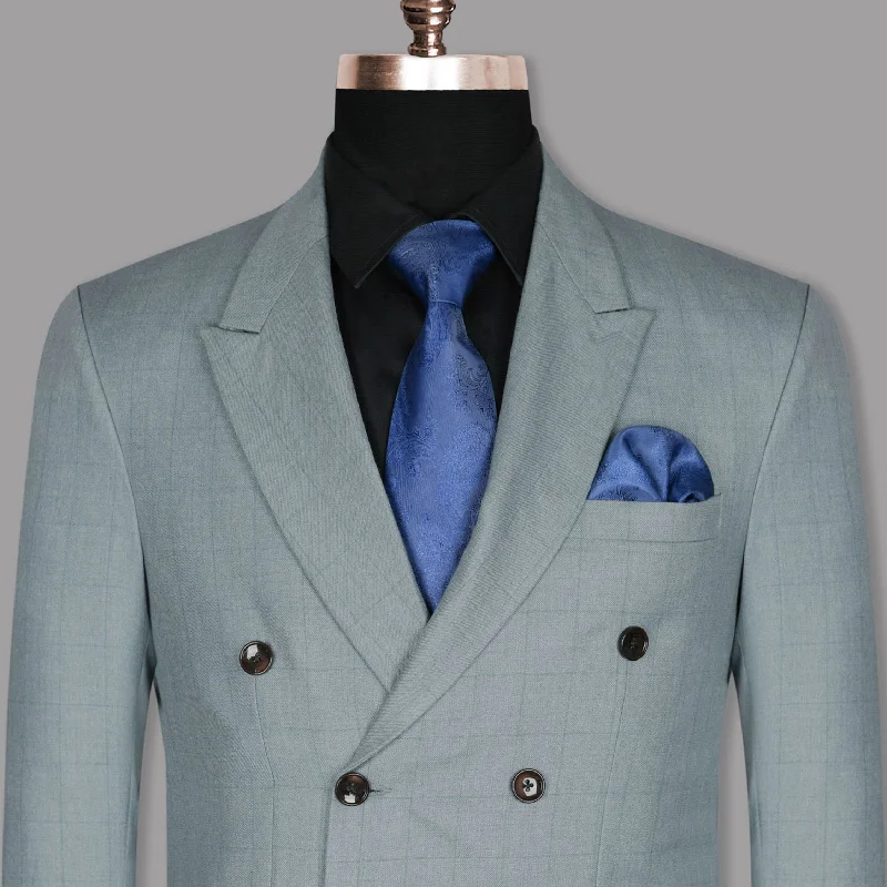 Men Blazers with Patch Pockets for a Casual - Elegant StyleLight Grey Subtle Windowpane Wool Rich Double Breasted Blazer