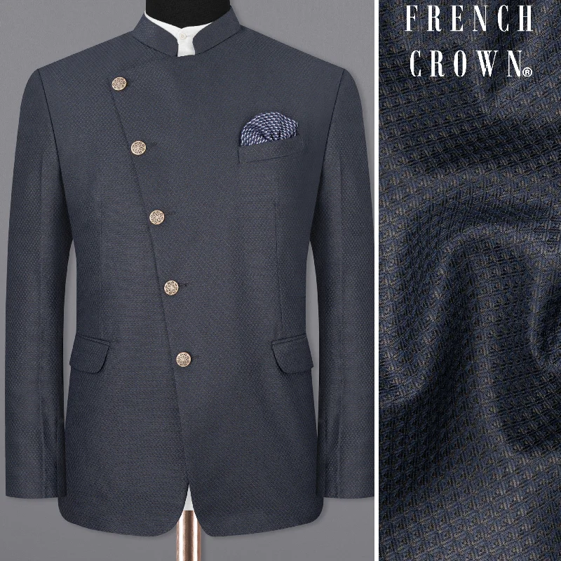 Men Blazers with Embossed Patterns for Added TextureLimed Spruce Geometric Textured Cross Placket Bandhgala Blazer