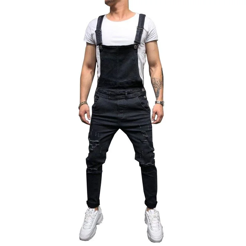 Men's Jeans with an Elastic Waistband for Ultimate ComfortMen's Fashion Ripped Jumpsuits Street Distressed Denim Bib Overalls