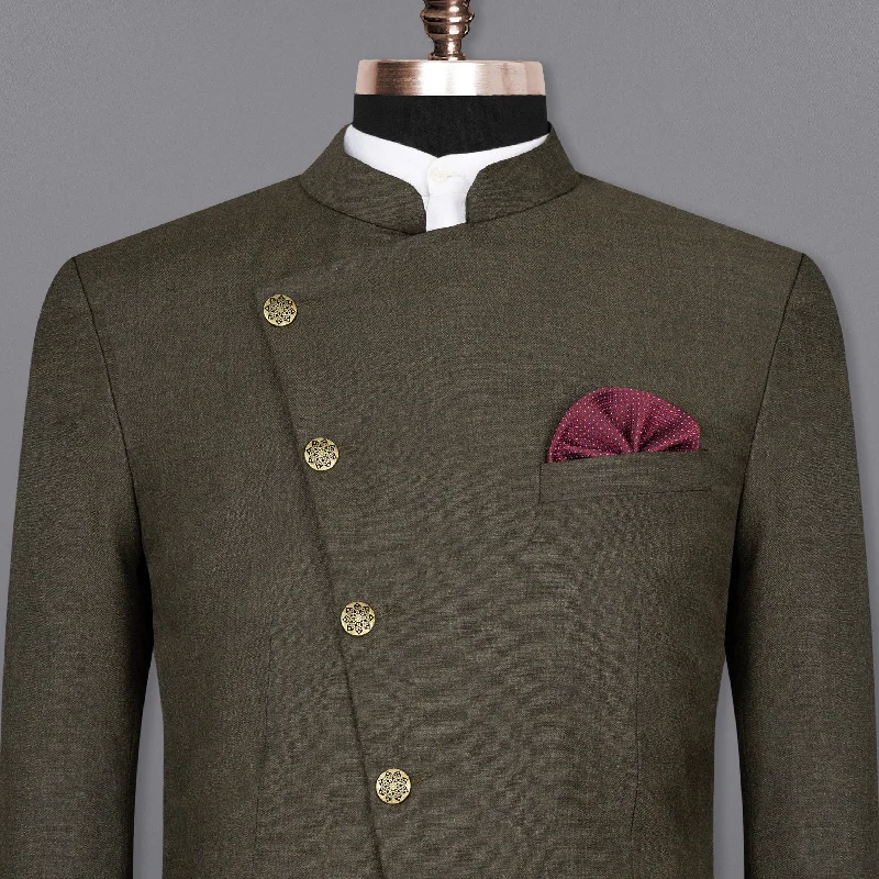 Men Blazers with Metal Buttons for a Distinctive LookMerlin Green Cross Placket Bandhgala Wool Rich Blazer