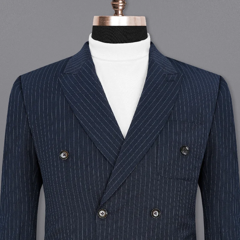 Men Blazers with Roll - Up Sleeves for a Casual Summer LookMidnight Mirage Navy Blue Striped Double-Breasted Blazer