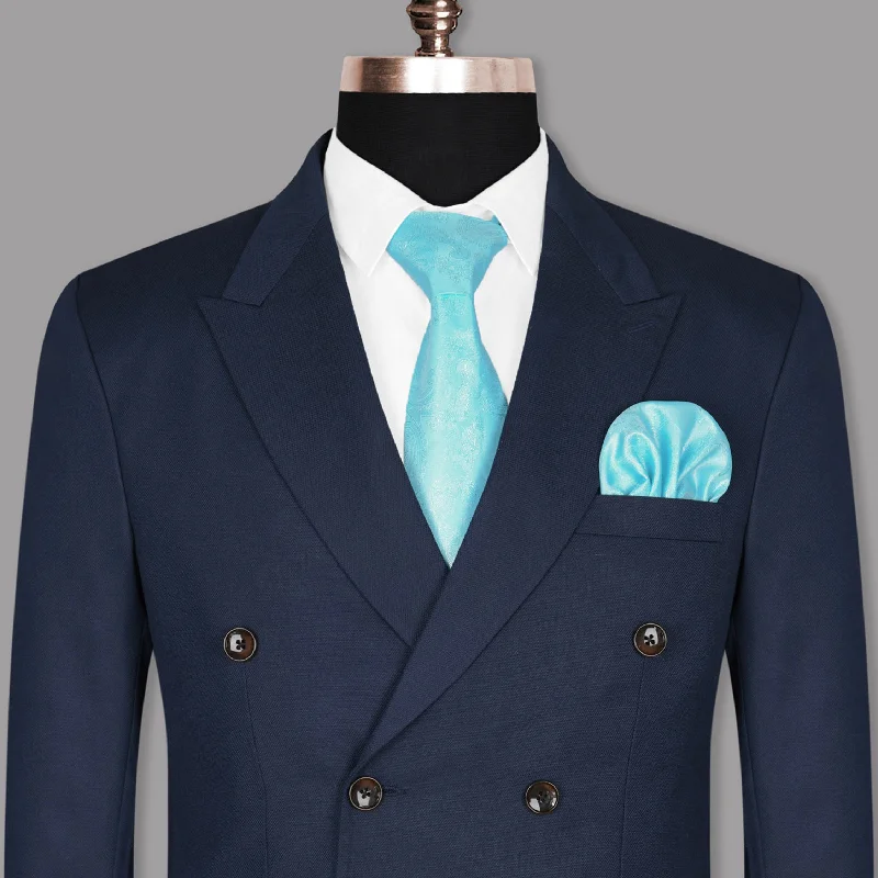 Men Suits with Pleated Trousers for a Traditional AestheticNavy Subtle Textured Wool Rich Double Breasted Blazer