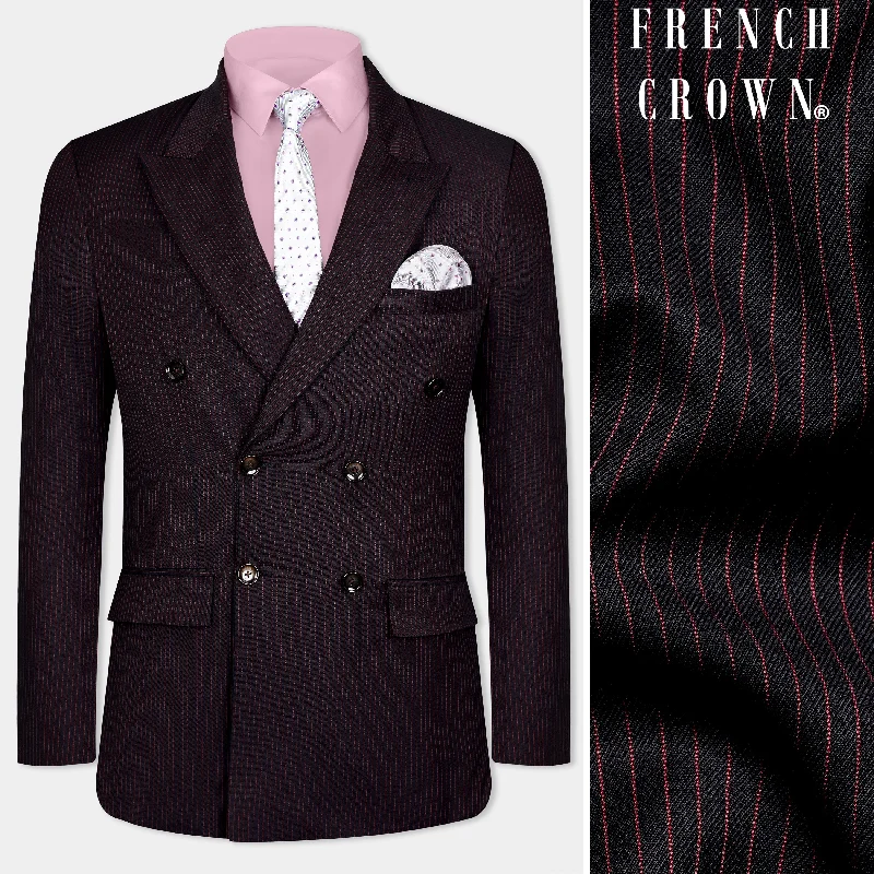 Men Suits with Tapered Trousers for a Sleek and Contemporary LookOnyx Maroon and Mandy Pink Striped Double Breasted Wool Rich Blazer