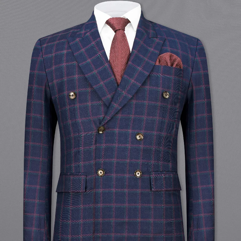 Men Suits with Pleated Trousers for a Traditional AestheticOuter Space Blue Plaid Double Breasted Blazer