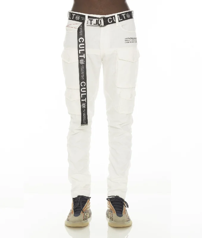 Men's Ripped Skinny Jeans in Acid Wash for an Edgy and Punk - Inspired StyleROCKER CARGO RIDGED W/ WHITE BELT IN WHITE